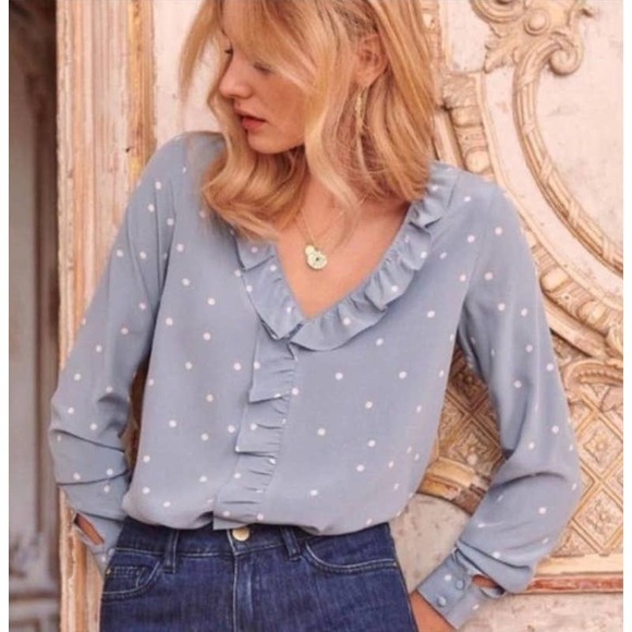 Sezane Tops - Sezane Women's Capucine Silk Polka Dot Long Sleeve Blouse Size 38 Us Size 6 Blue